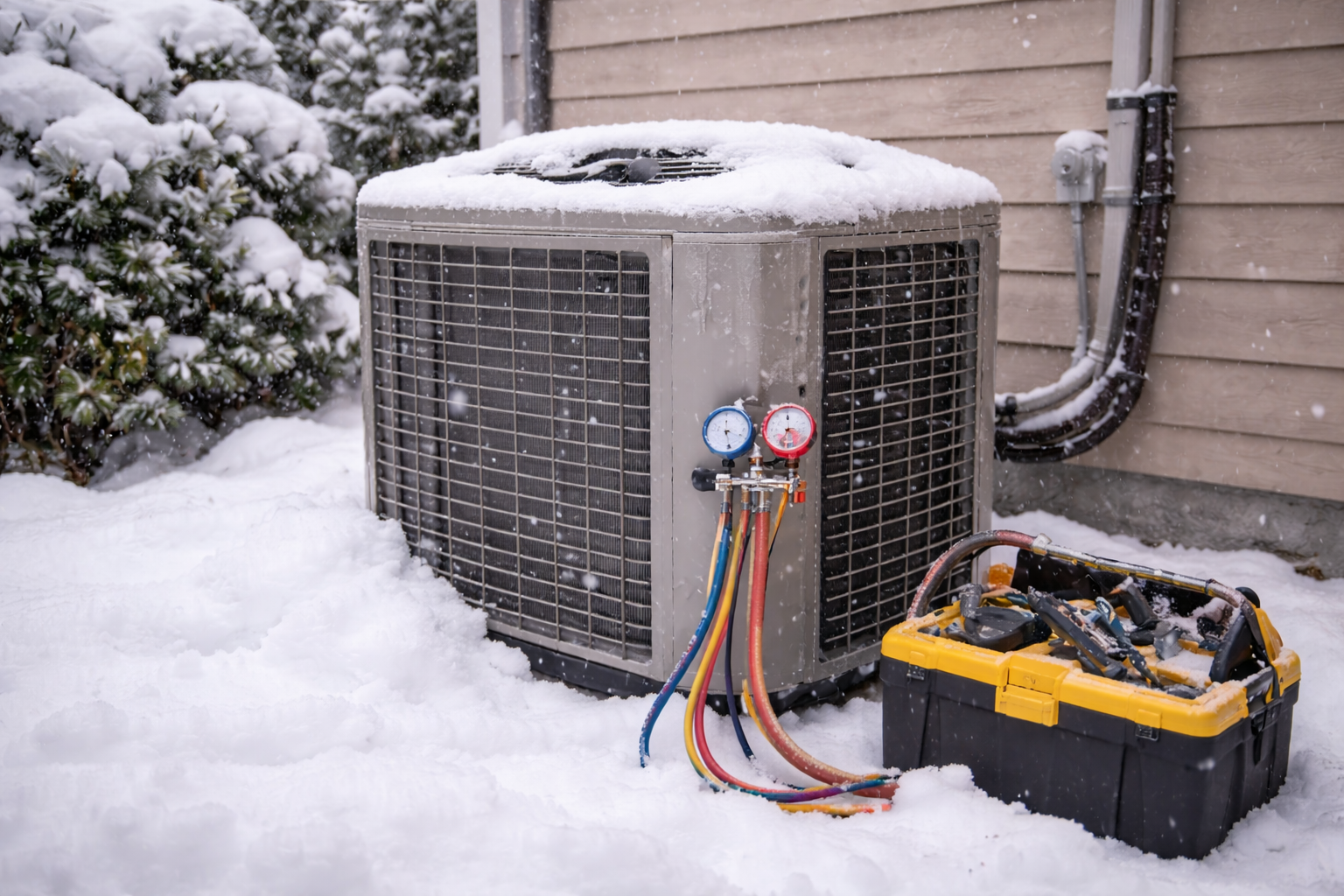HVAC condenser unit serviced in winter snow