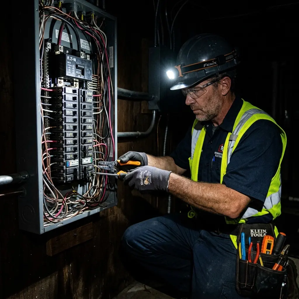 Electrician working inside a panel by headlamp at night